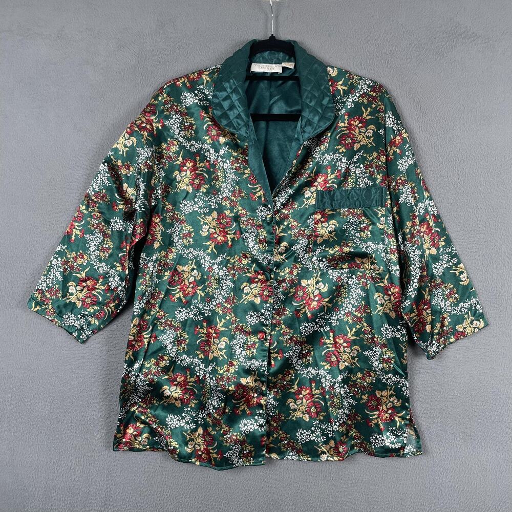 Victorias Secret Pajama Top Womens S Green Floral Satin Kimono Quilted Button